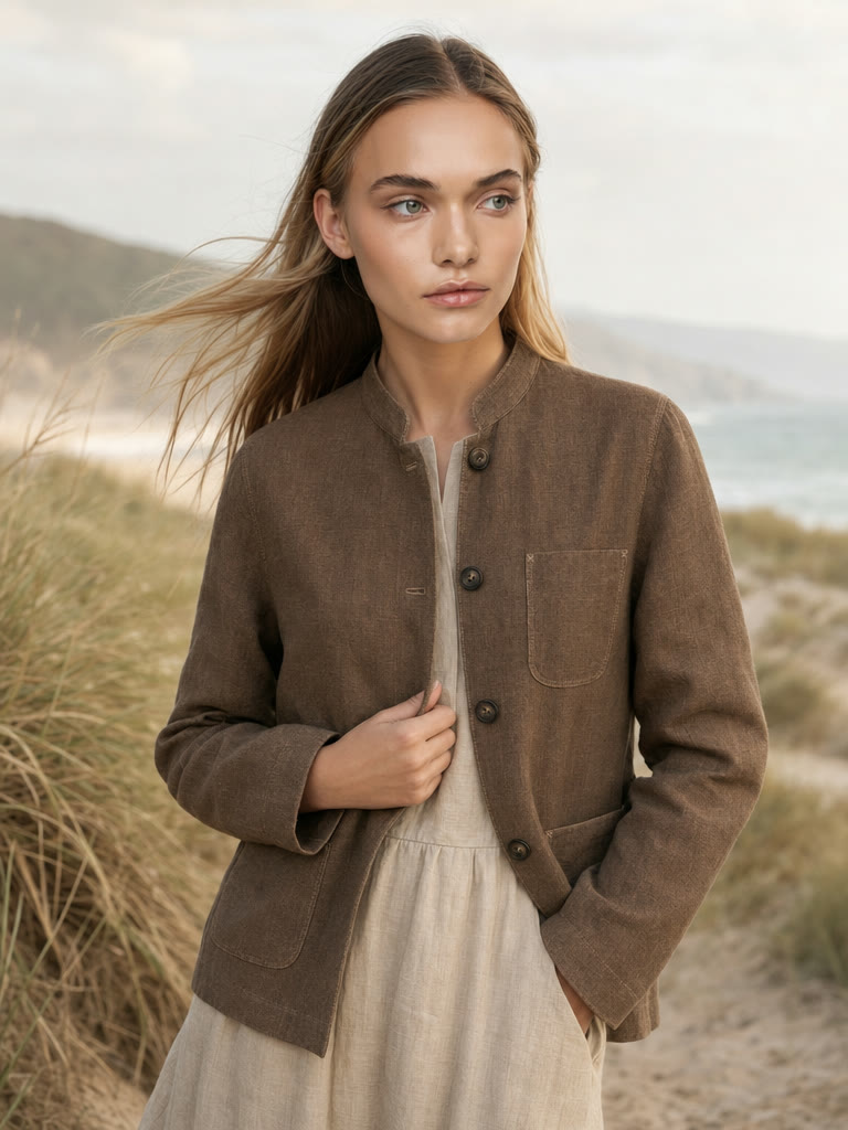 Pulling the collar up against the breeze